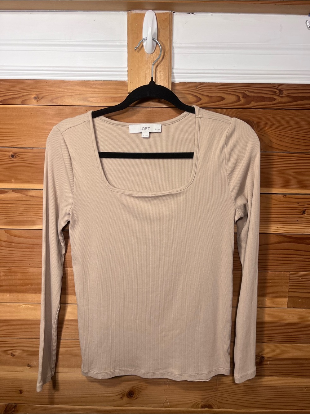 LOFT Women's L Long-Sleeve Square Neck Top in Beige